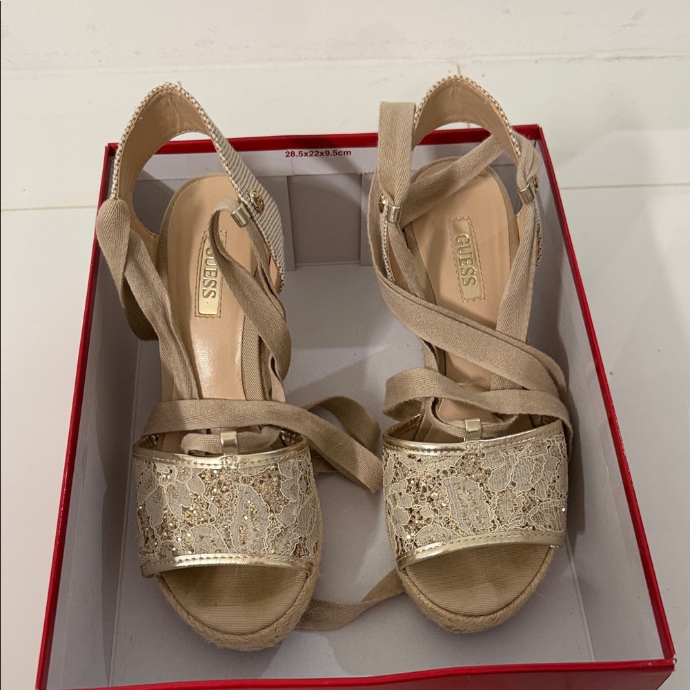 Guess Lace Espadrille Wedge Sandals in Gold